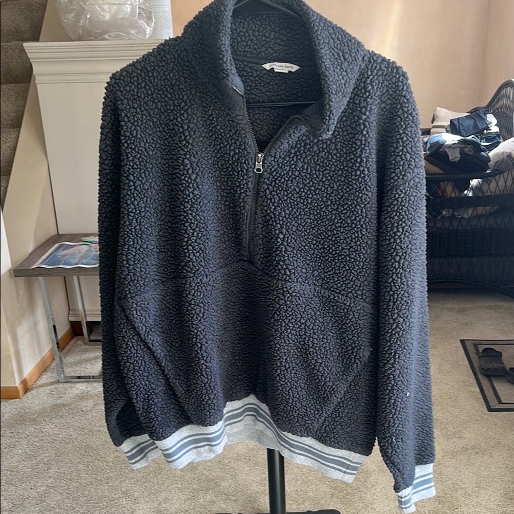 American Eagle Women’s Dark Grey Quarter-Zip Sweater (Sherpa) size L.